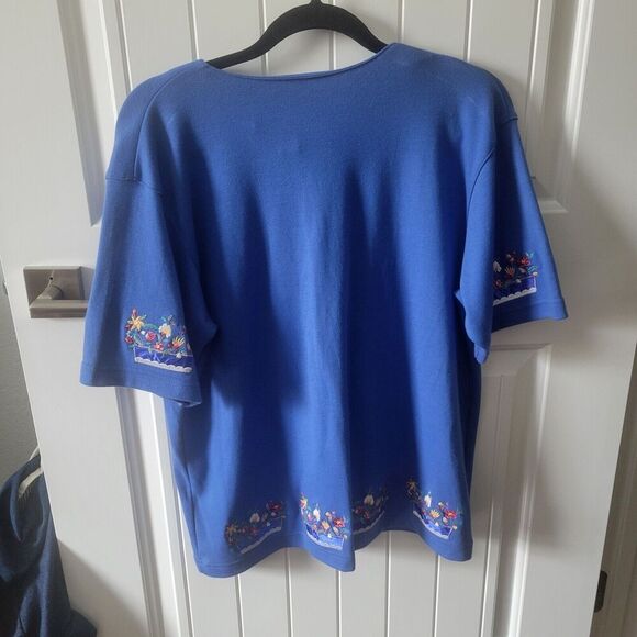 Embroidered Flower box garden Bechamel Grandma shirt button up Blue size M Royal - Picture 6 of 11